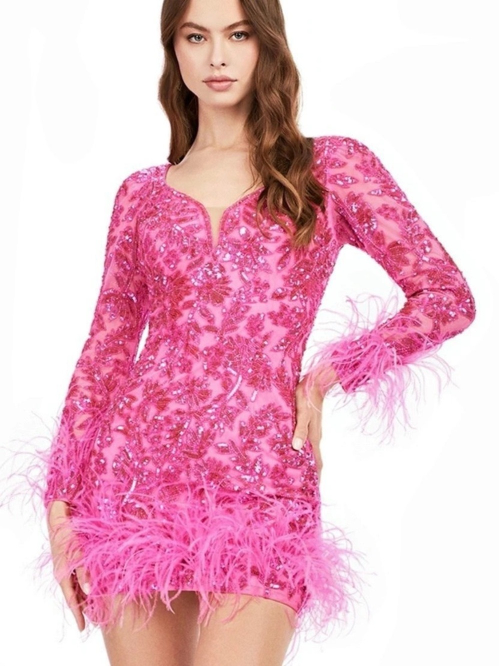 735. ASHLEYlauren Sequin Feather Mini Dress in Pink Size 2 NWT